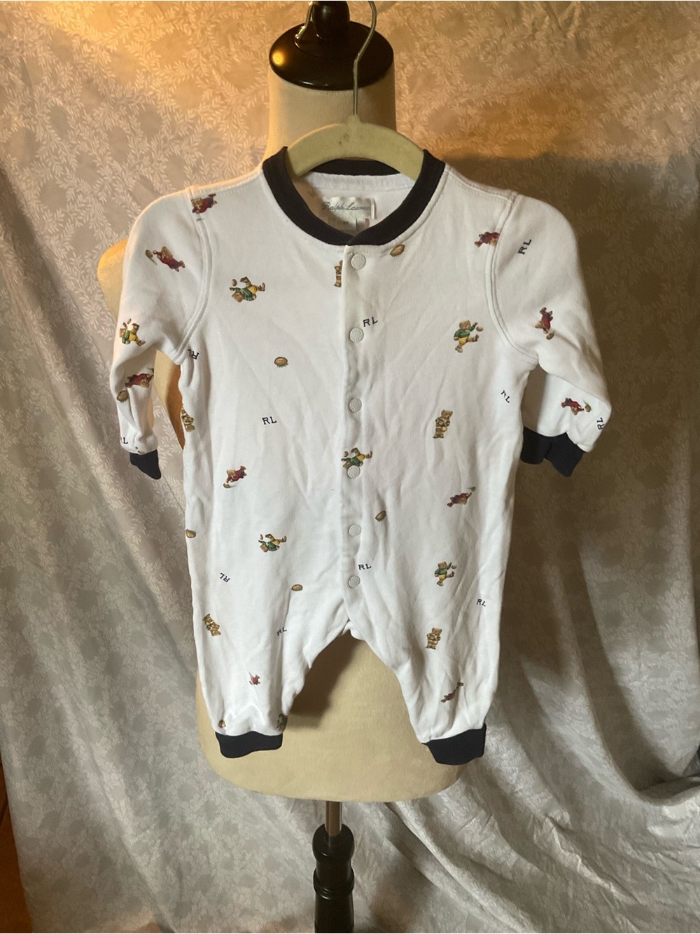 Ralph Lauren White One-Piece with Navy Trim and Polo Bear Prints